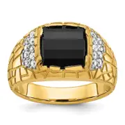 14k Yellow Gold Men's Onyx and 1/4 carat Diamond Nugget Complete Ring