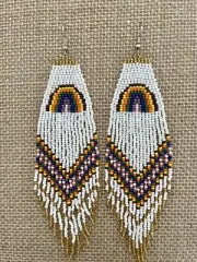 Handmade Miyuki Seed-Bead Fringe Dangling Earrings Rainbow White Multi NWT