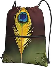 EdWal Feather Print Drawstring Backpack Gym Bags Sports Bags With Zipper Pocket For Travel Swimming Beach, Black, One Size