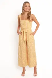 [PUP8] Mishia Tie Waist Jumpsuit - Yellow Floral XS Yellow