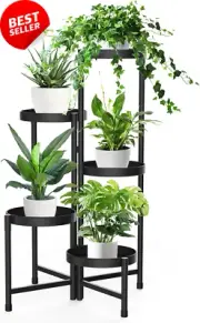 5-Tier Metal Plant Stand Foldable Corner Shelf Indoor Outdoor Black