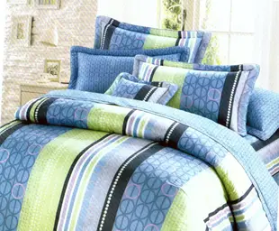 100%純棉_ 特大鋪棉床罩兩用被全套六件組。台灣製。6x7尺。6002藍