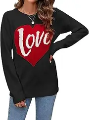 [ZOCAVIA] ZCOAVIA Womens Heart Sweater Valentine's Day Cute Love Print Sweater Long Sleeve Crewneck Sweater Trendy Knitted Pullovers Valentines Tops Oversized Sweater Black Jumper Tops,M