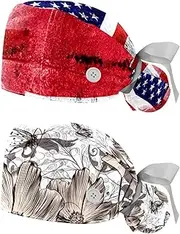 [WOSHJIUK] Working Hat 2 Pack Scrub Caps for Women,Vintage American Flag on The Wall,Tie Back Cap Adjustable Scrub Hat