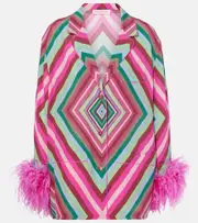 [Valentino] Valentino Rhombus 75 feather-trimmed crêpe de chine top AU 14 multicoloured