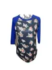 Ceasikery New Rose Floral Top Size S Short Sleeve Stretchy Blue Color Blocking