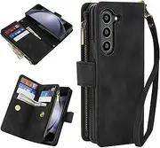 [GoshukunTech] for Samsung Galaxy Z Fold5 5G Wallet Case with 9 Card Holders,for Galaxy Z Fold5 Case Zipper Coin Pocket PU Leather Flip Cover Kickstand Protective Phone Purse with Wrist Strap-Black