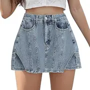 [Jegsnoe] Women Denim Shorts Skirt Summer High Waist Vintage Button Up Fashion A-Line Skirt