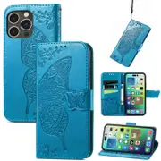 For iPhone 15 Pro Max Case, Butterfly Emboss PU Leather Wallet Cover, Blue