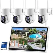 Kittyhok Outdoor Wireless Security Camera System with Monitor | 4 x 2K Dual Lens PTZ Security Cameras, 10x Mixed Zoom, Auto Tracking, Human Detection, Spotlight | NVR