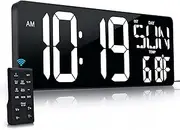 Large Digital Wall Clock with Remote Control 17.2" LED Large Display Timer with Temperature Date Week Auto DST Adjustable Brightness, Big Wall Alarm Clock for Living Room Office Garage Gym Seniors