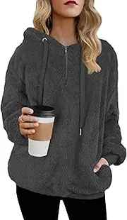 [NAMSAT] Womens Oversized Sherpa Pullover Hoodie, Fleece Jacket with Pockets, Fuzzy Fleece Sweatshirt Fleece Jacket Women, Deep Gray, Large