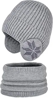 [WANYI] Winter Beanie Hat Scarf Set Unisex Winter Knit Earflap Hat and Circle Scarf Warm Fleece Lined Earflaps Beanie Hat Windproof Skull Cap for Outdoor Walking Running Skiing Cycling