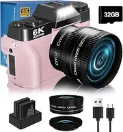 [NIKICAM] 2024 Upgrade 4K 56MP Digital Camera for Photography Vlogging Camera for YouTube with 180° Flip Screen, WiFi,16X Digital Zoom, 52mm Lens, 2 Batteries, 32GB Micro SD Card(Pink)