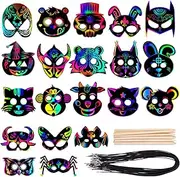 Mask Craft Kit for Kids, 52 Pcs Kids Magic Scratch Paper Animal Masks, DIY Rainbow Scratch Art Masks for Halloween and Animal Birthday Party