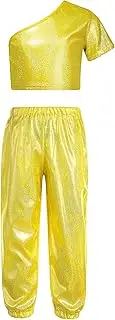 [FEESHOW] Kids Girl Dance Suit Set Shorts Sleeve Top with Shiny Pants Hip Hop Set Jazz Training Dancewear