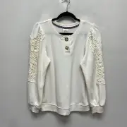 Knox Rose Ivory Solid Henley Knit Crocheted Button Long Sleeve Sweatshirt S