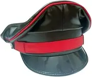 Finest Soft Real Leather Black & Red Army Biker Muir Cap - US Military Officer Hat
