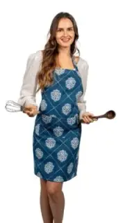 Cotton Cooking Apron for Women with Pockets Blue & White Pack of 2