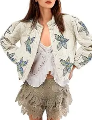 [Yimoon] Women's Cropped Quilted Jacket Lightweight Floral Embroidery Puffer Jacket Button Down Padded Coat with Pockets