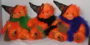 Russ Berrie optic bright orange fuzzy Halloween witch bear MOONLIGHT spider web