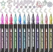 Double Line Outline Pens, DLUCKY 12 Colors Self-Outline Metallic Markers Glitter Writing Drawing Pens Stationery for Gift Card Writing,Drawing Pens for Birthday Greeting,Scrap Booking,DIY Art Crafts