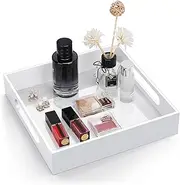 Cilinta Home Decorative Coffee Table Tray, 10"x10" Elegant Acrylic Serving Trays with Handles Works for Eating, Breakfast, Makeup Drawer Organizer,Bathroom Vanity Table,Ottoman Tray, White