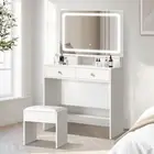 Oikiture Dressing Table Stool Set LED Mirror Vanity Desk with Drawers White