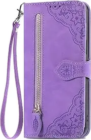 Hee Hee Smile Luxury Case Zipper Leather Wallet Shell Zipper Wallet Flip Case for Oppo Reno 6 Lite Phone Cover Wrist Strap Purple
