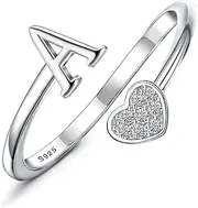 [Kakonia] 925 Sterling Silver Ring 18K Gold Plated Initial Heart Rings Adjustable Capital Letter Initial Rings for Women Teen Girl Stackable Thumb Pinky Rings Valentine's Day Jewelry Trendy Stuff