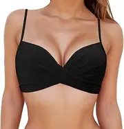 [KOEMCY] Women's Bikini Top, Black, Adjustable Wide Straps, V-Neck, Bralette, Push-Up Support for Beach, Vacation, Swimwear, Bikini Top