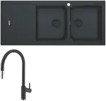 Franke Bali Double Bowl Sink with Left Hand Drainer and Verona Pull-Out Tap - Matt Black