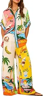 [TACSTRUN] Women's Lounge Set Pajama Set Short Sleeve Hawaiian Shirt and Wide Leg Pants 2 Piece Outfits Casual Loose Loungewear