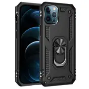 For Apple iPhone 12 Pro Max Case, Military Grade 360 Degree Rotating Metal Magnetic Ring Car Mount Holder Kickstand Shockproof Heavy Duty Cover (Black)