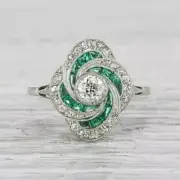 Art Deco Lab Created Diamond Emerald Swirling Engagement 14K White Gold FN Ring