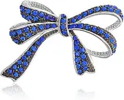 [Bling Jewelry] Winter Holiday Blue White Glittering Crystal Bridal Fashion Large Statement Ribbon Scarf Bow Brooch Pin For Women Rose Gold or Silver Plated