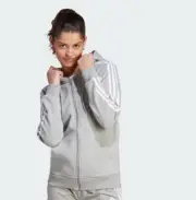 Adidas Women’s Essentials 3-Stripes Full-Zip Fleece Grey/ White Hoodie Large