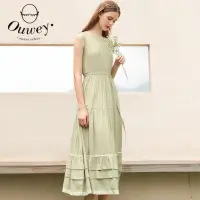 在飛比找momo購物網優惠-【OUWEY 歐薇】清新綠造型無袖腰帶蛋糕魚尾裙洋裝(淺綠色