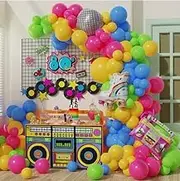 New Cross border Retro Disco Theme Neon Balloon Chain Birthday Party Decoration Arched Wreath Arrangement Set Colourful Balloon Decor Set, Includes Disco Ball, Boombox, Banners, Stars