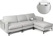 Costway Convertible Sectional Sofa with Built-in Socket, L-Shaped 3-Seat Sofa Couch w/Removable Ottoman, Comfortable Seat, Power Outlet & USB Ports, Magazine Caddy Holder, Modular Sectional Set
