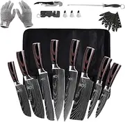 FULLHI Knife Set, 14pcs Japanese Knife Set, Multiple Colour Ergonomic Handle Premium German Stainless Steel Kitchen Knife Set with Roll Bag