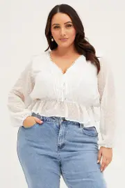 White Textured Long Sleeve Tie Front Blouse