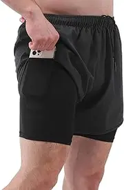 [Generic] Men Sports Shorts with Liner 2-in-1 with Pockets Quick Dry Running Cycling Fitness Shorts Black Small