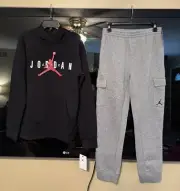 Nike Air Jordan Boys Jumpman Fleece Hoodie CARGO Joggers Set BLACK GREY XL 18 20