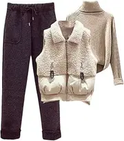 [Generic] Women's Thicken 3Pc Suits Turtleneck Knit Pullovers Fleece Vest Tops Drawstring Sherpa Fleece Lined Pencil Pant Outfits
