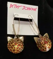 ☘☘Betsey Johnson Cat Faceted Leopard Gold Tone Dangle Pierced Earrings Estate☘☘