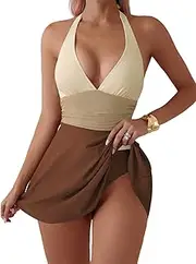[GAMISS] Women's One Piece Swim Dress Swimsuits Halter Color Block Tummy Control Bikini Swim Skirt Bathing Suit