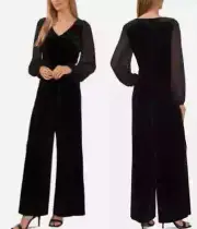 CeCe Women's Black Velvet Long-Sleeve Tie-Waist V-Neck Jumpsuit Sz-S