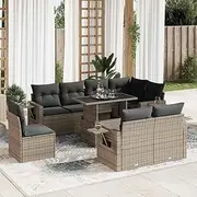 9 Piece Grey Rattan Garden Sofa Set - Outdoor Furniture Sets with Table, Chairs, Cushions for Patio, Porch and Balcony - Conversation Set for Outside