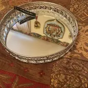 9.5” Tahari Round Mirror Tray: Elevate Your Space- Silver Cut Out With Prisms